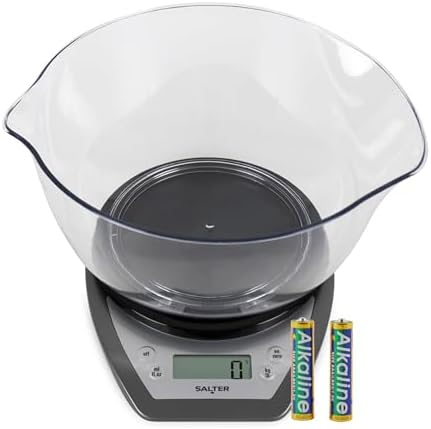 Salter 1024 SVDR14 Digital Kitchen Scale with Bowl- 2L Dishwasher Safe Mixing Bowl, Easy Dual Pour Wide & Narrow Spouts, Measure Liquids, Add & Weigh Function, Easy Read Display, 5kg Capacity, Silver by Salter