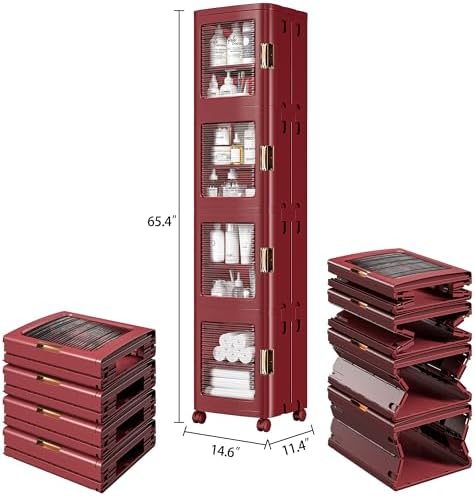 VECELO 4-Tier Narrow Storage Cabinet with Wheels, Red - Image 2