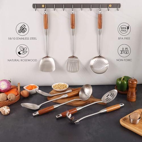 18/10 Stainless Steel Kitchen Utensils Set with Wooden Handle - Image 6