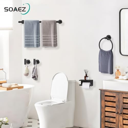 Matte Black Bathroom Hardware Set, 5 Pieces Black Towel Bar Bathroom Accessories Set, Upgraded Toilet Paper Holder with Shelf, 23.6 Inch Towel Rack Towel Holder for Bathroom Wall - Image 7