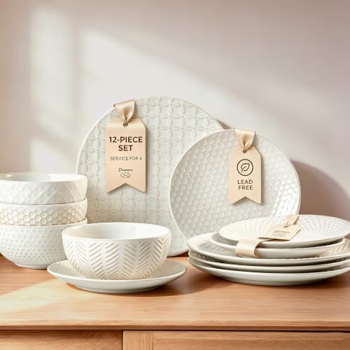 Embossed Ceramic Dinnerware Set for 4, 12-Piece White Plates and Bowls Set, Modern Farmhouse Tableware with 10" & 8" Plates, 26 oz Bowls, Microwave, Oven & Dishwasher Safe by Unknown