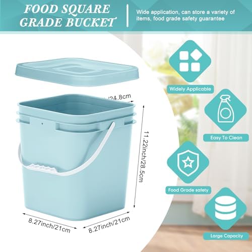 Mumufy 3 Pcs 3.5 Gallon Square Food Grade Bucket with Lid, Aqua - Image 2
