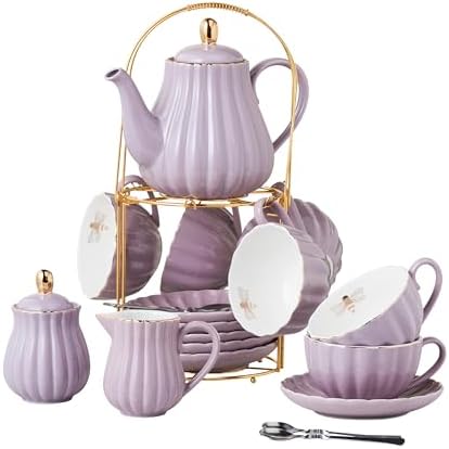 CLAY TONIC- 8 OZ Porcelain Purple Coffee/Teacup and Saucer Set with Holder by CLAY+TONIC