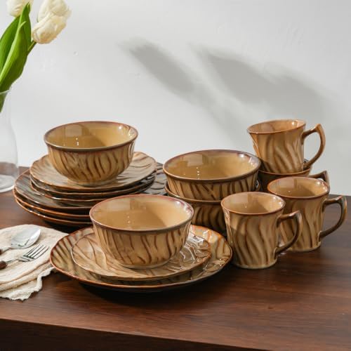 Ceramic Dinnerware Sets for 4, 16 pcs Plates and Bowls Sets, Reactive Glaze Ceramic Dish Set, Scratch Resistant, Microwave & Dishwasher Safe, Highly Chip and Crack Resistant Dishware sets, Honey Amber by Unknown