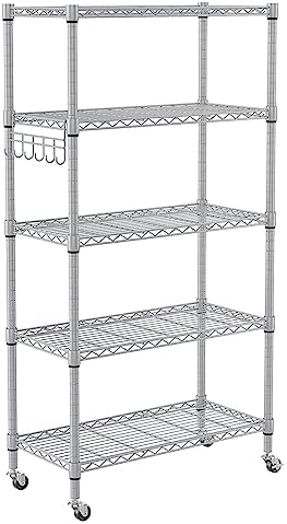 Homdox 5 Tier Adjustable Rolling Storage Shelves, Heavy Duty Wire Racks and Shelving, Metal Shelves for with Side Hooks Pantry Closet Kitchen Garage Organization, Silver Gray by HOMDOX