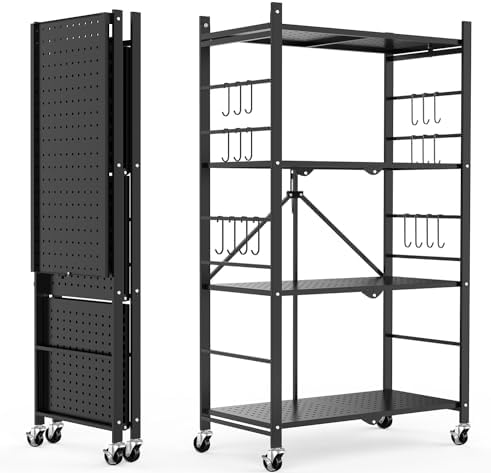 Himix 4-Tier Foldable Storage Shelf with Wheels 20 Hooks Black No Assembly by Himix