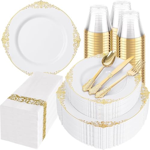 Hioasis 350 Pcs White Gold Plates for Wedding by Hioasis