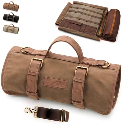 Barillio Bartender Bag (Without Tools) - Stylish, Waxed Canvas, Roll Up Traveling Bar Bag for Carrying Bar Tools and Cocktail Shaker Set with Shoulder Strap - Portable Travel Bartending Roll Brown by Barillio