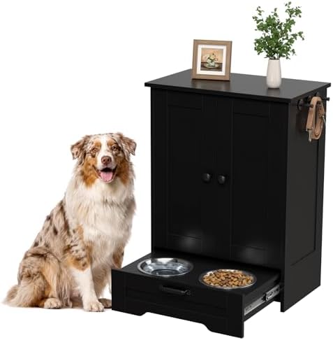Dog Feeding Station with Storage Cabinet, Black Wood Dog Cabinet with 2 Elevated Stainless Steel Bowls, Hidden Pull-Out Feeder Drawer, Pet Feeding Station for Kitchen and Living Room by Unknown