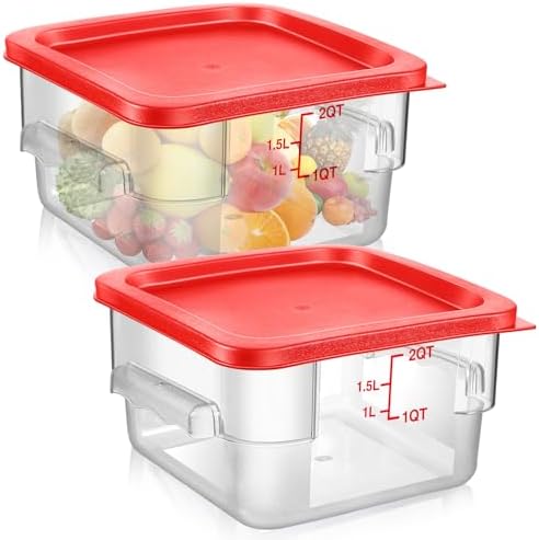 Suclain 2 Pcs Square Food Storage Container Polycarbonate Clear Food Container with Lid Commercial Rice Storage with Graduations for Commercial Kitchen(2 Qt,Red) by Suclain