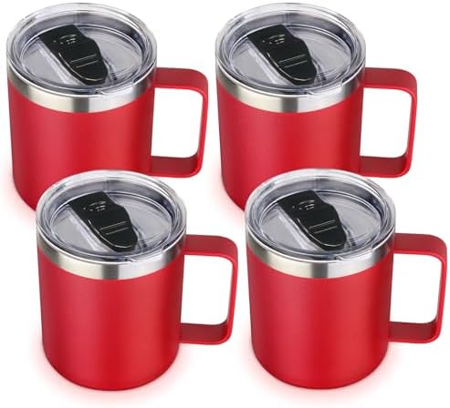 Volhoply 14oz Insulated Stainless Steel Coffee Mug with Lid Bulk 4 Pack,Double Wall Vacuum Travel Coffee Cup with Handle,Reusable Metal Cups Tumbler Cup,Camping Mugs Keep Hot,Ideal Gifts(Red,4) by LiveFully%EF%BC%8CDrinkFreely%E2%80%94KeepGoingwithVolhoply%EF%BC%81
