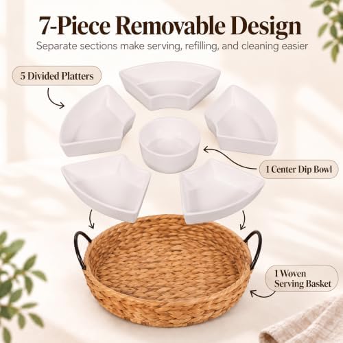 Ceramic Serving Tray, Food Tray 15.5 x 15.5 Inches,Divided Serving Platter with 6 Removable Dishes, Portable Handle Cattail Serving Bowls,Perfect for or Chips and Dip,Natural - Image 3