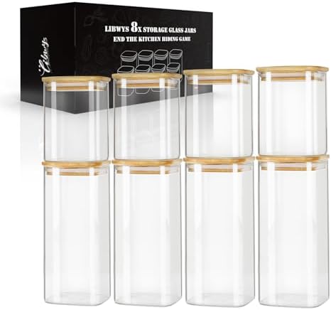 LIBWYS 8-Pack Square Glass Storage Jars with Bamboo Lids (0.6Qt/1.06Qt) by LIBWYS