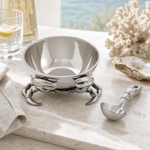 Arthur Court Crab 3-Piece Condiment Set - Aluminum Seafood Server with Removable Bowl - 7 Inch Diameter Tray - Image 2