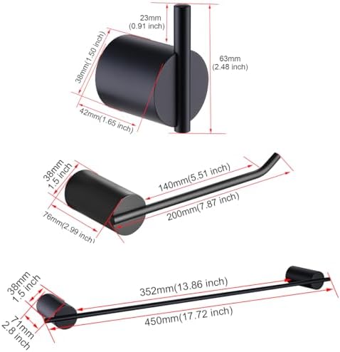 RANDOM Matte Black Bathroom Hardware Set 4 Pieces Stainless Steel Black Towel Bar Set Includ 18 inch Hand Towel Holder Toilet Paper Holder and 2 Towel Hooks Wall Mounted Bathroom Accessories Kit - Image 2