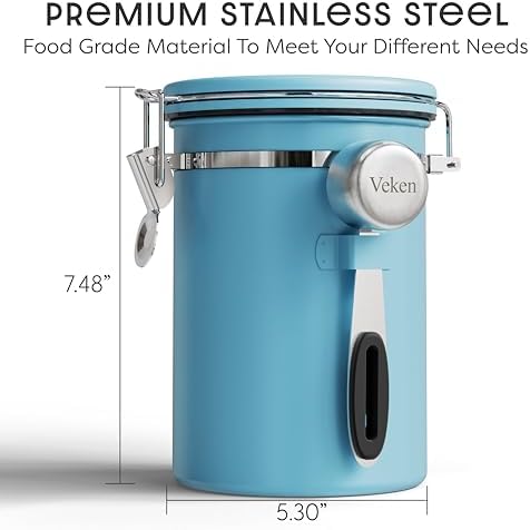 Veken Coffee Canister with Window, Airtight Stainless Steel Container,Date Tracker, Kitchen Food Storage Jars for Beans, Ground, Espresso, Rice,Tea, Sugar, Cereal, Gifts, Scoop, Blue, 22OZ (Pack of 2) - Image 2