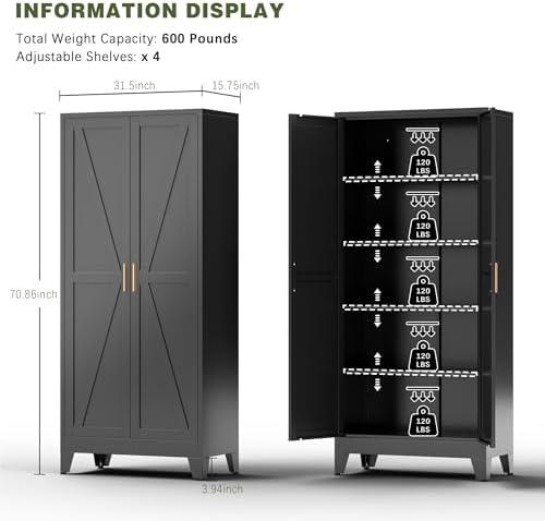 COFaR Black Farmhouse Storage Kitchen Pantry Cabinet with 2 Barn Door, 4 Adjustable Shelves and Legs, for Cupboard/Dining Room/Bathroom/Living Room/Office/Laundry Room (Black, 71" Farmhouse) - Image 3