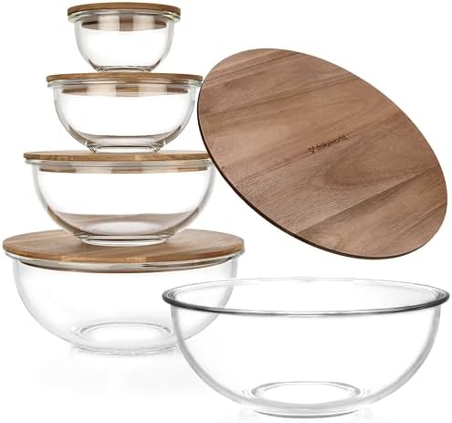 Stackable Glass Mixing Bowls with Acacia Lids Set of 5 by Dokaworld