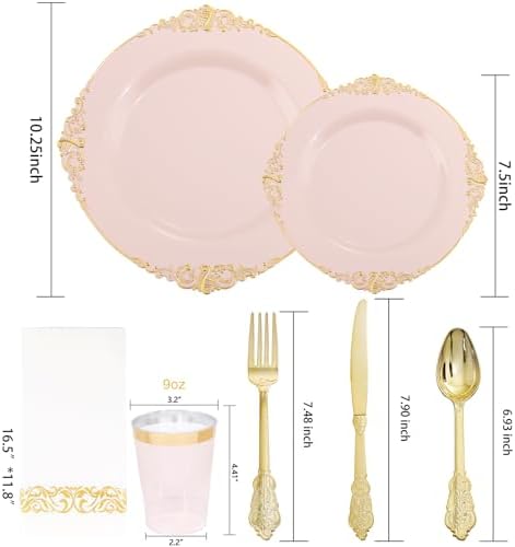Morejoy 175pcs Pink Plastic Plates - Pink and Gold Disposable Plates sets - Image 3