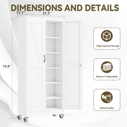 Metal Storage Cabinets with Wheels, Steel Tool Cabinets Lock Door and 5 Adjustable Shelves for Home Office, Garage, Kitchen (White, 74.8" H) - Image 2