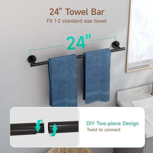 USHOWER 8PCS Matte Black Bathroom Hardware Set, 24-Inch Towel Bar Set - Image 4