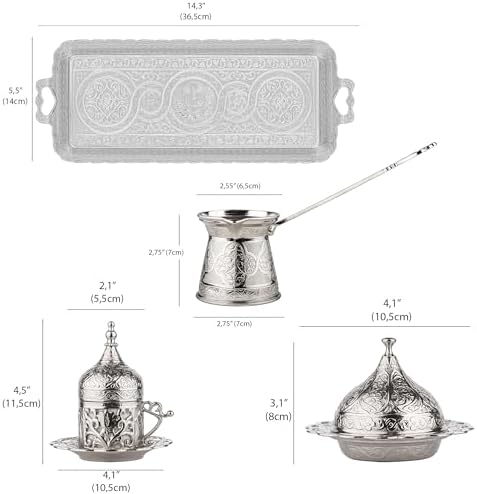 Alisveristime Premium Turkish Coffee Set - 12-Person Turkish Coffee, Cezve, 2-Person Cups, Delight Bowl, and Tray (4 Colors) (Silver) - Image 3