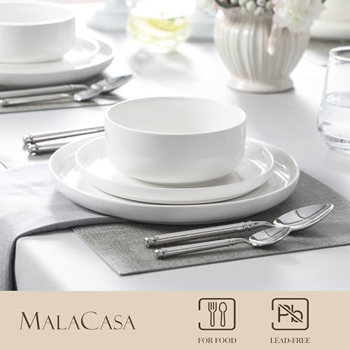 MALACASA 12 Pcs Porcelain Plates and Bowls Sets,Dinnerware Set for 4,White - Image 3