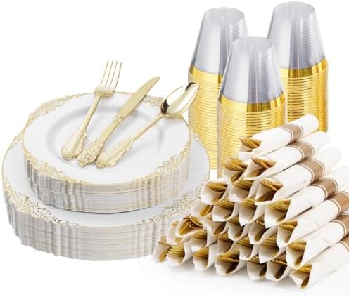 Bestluck 175PCS Gold Disposable Dinnerware for 25 Guests by Bestluck