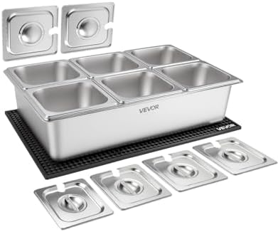 VEVOR Countertop Food Serving Display Container, Stainless Steel Food Salad Server Tray, Buffet Condiment Dispenser, Ice Cooled Rack with Separate Lid, for Restaurant, Hotel, Party (6x1/6 Pan) by VEVOR