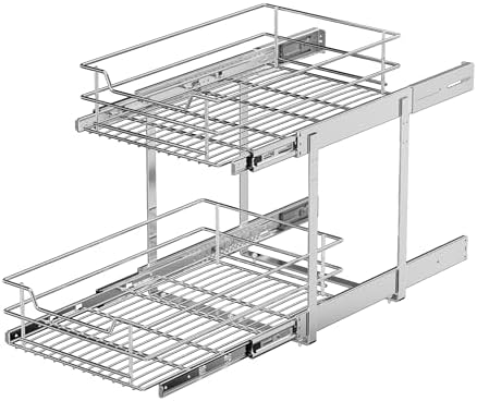 EZKAZA Pull Out Cabinet Organizer for Kitchen Utensil 14.5" W x 21" D, 2-Tier Cabinet Pullout Shelves and Drawer Organizer Slide Out Pantry Storage Basket, Bottom Basket 13.2" W x 20.4" D x 4.7" H - Image 7