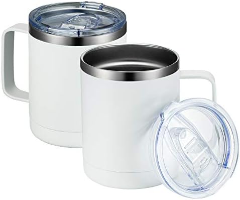 MEWAY 12oz Coffee Mug With Handle 2 Pack Bulk,Stainless Steel Insulated Travel Tumblers With Sliding Lid,Double Wall Vacuum Camping Cup for Hot & Cold Drinks Tea (White,Set of 2) by MEWAY