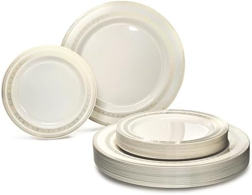 OCCASIONS 120 Plates Pack,(60 Guests) Heavyweight Premium Wedding Party Disposable Plastic Plates Set -60 x 10.5'' Dinner + 60 x 7.5'' Salad/Dessert (Lace Ivory/Gold) by OCCASIONSFINESTPLASTICTABLEWARE