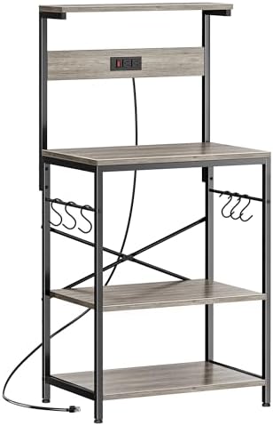 SUPERJARE Kitchen Bakers Rack with Power Outlet, Coffee Bar Table 4 Tiers, Kitchen Microwave Stand with 6 S-shaped Hooks, Kitchen Storage Shelf Rack for Spices, Pots and Pans - Greige by SUPERJARE