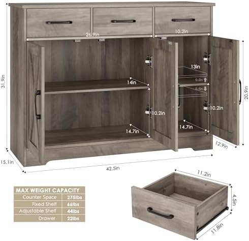 HOSTACK Kitchen Buffet Cabinet with Storage, Sideboard Coffee Bar, Grey - Image 3