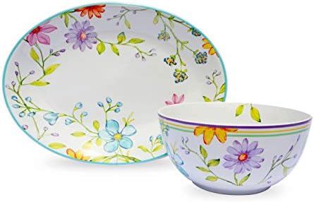 Charlotte Collection 15" Oval Platter and 9" Fruit/Vegetable Bowl, Multicolor Watercolor Floral/Garden Design, 2 Piece Stoneware Serving Set by EuroCeramica