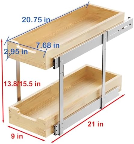 Sikarou Wood Pull Out Cabinet Organizer 2 Tie 9" W x 21" D, Heavy-Duty Sliding Drawers for Inside Cabinets Storage and Organization for Kitchen, Pantry, Bathroom - Image 2