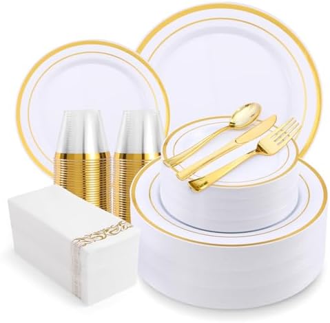 700-Piece Gold Rim Plastic Dinnerware Set for 100 Guests, Elegant Disposable Dinnerware for Party, Wedding. Includes Dinner Plates, Dessert Plates, Gold Silverware, Napkins, Cups by VajilaPhil