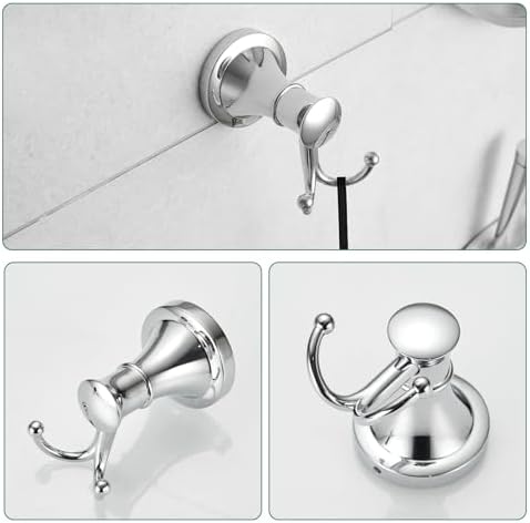Hoimpro Chrome 4-Piece Bathroom Bath Set, Wall Mount Bathroom Hardware Fixture (Adjustable Towel Bar Rack, Towel Ring Holder, Paper Towel Holder, Double Towel Hook), Bathroom Accessories - Image 6
