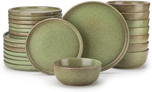 vancasso Plates and Bowls Sets, 24 Pieces Stoneware Dinnerware Set for 8, Ceramic Dish Set for Kitchen, Microwave and Dishwasher Safe, Mossy Green, Series ZERMATT by vancasso