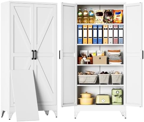 SISESOL 71" Tall Pantry Cabinet,Farmhouse Kitchen Pantry Storage Cabinets with 2 Doors and 5 Shelves,White Metal Storage Cabinet,Large Cupboard for Home,Kitchen,Dining/Living Room by SISESOL