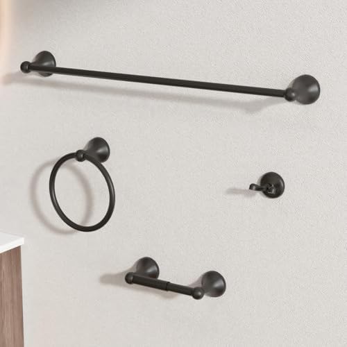 BGL Bathroom Accessory Set, Matte Black Adjustable Expandable Towel Bar 4-Piece Bathroom Hardware Set Wall Mounted Robe Hook Toilet Paper Holder Towel Ring Towel Bar by BGL