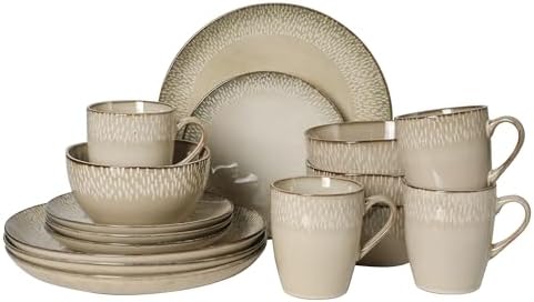 Gibson Elite Jasper 16 Piece Plates and Bowls Reactive Glaze Dishes Stoneware Ceramic Dinnerware Set - Service for 4 - Taupe by GibsonHomewares