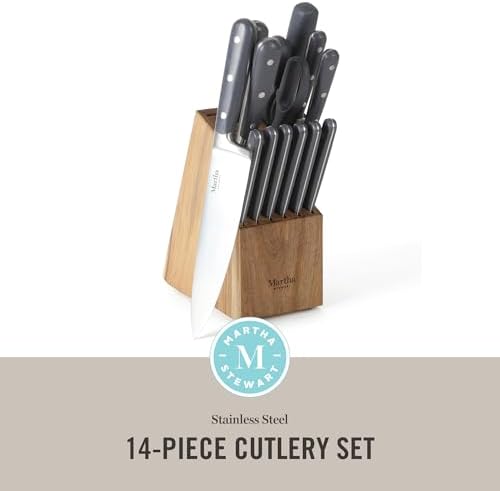 MARTHA STEWART Eastwalk 14 Piece High Carbon Stainless Steel Cutlery Knife Block Set w/ABS Triple Riveted Forged Handle Acacia Wood Block - Gray - Image 2