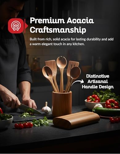 Acacia Utensil Set of 5 with Holder – Premium Wooden Cooking Utensils, Eco Friendly Acacia Wood Spatula & Spoon Set, Nonstick Safe Kitchen Tools - Image 2