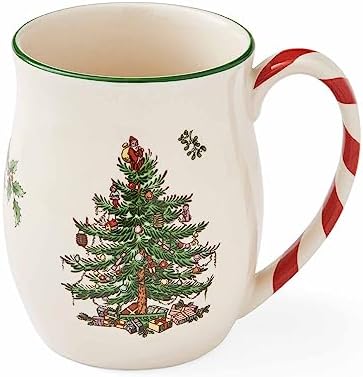Spode Christmas Tree 14 oz Holiday Mugs (Set of 4) - Festive Coffee Cups with Peppermint Candy Cane Handle, Stoneware Christmas Drinkware Ideal for Hot Cocoa, Holiday Tea & Winter Beverages - Image 2
