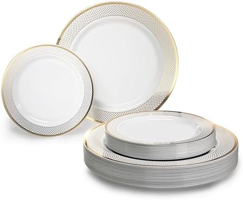 OCCASIONS 100 Plates Pack,(50 Guests) Heavyweight Premium Wedding Party Disposable Plastic Plates Set -50 x 10.5'' Dinner + 50 x 7.5'' Salad/Dessert (Sundance White & Gold Rim) by OCCASIONSFINESTPLASTICTABLEWARE