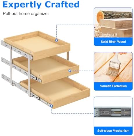 WelFurGeer 3-Tier Pull Out Cabinet Organizer with Soft Close, Heavy-Duty Pull Out Drawers for Cabinets, Slide Out Shelf for Kitchen, Pantry, Bathroom & Under Sink, Solid Birch Wood - Image 4