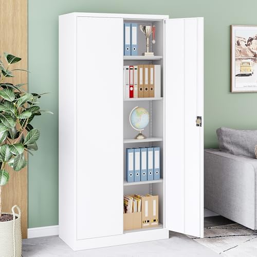 Metal Cabinet,71" Lockable Storage Cabinet with 2 Doors and 5 Adjustable Shelves,Tall Steel Cabinets for Garage,Home Office,Basement,School,Hospital(White) - Image 6