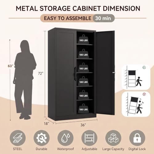 KAER Metal Storage Cabinet with Lock, 72" Steel Lockable Garage Storage Cabinet with 2 Doors & 5 Adjustable Shelves, Black Freestanding Tool Storage Cabinet for Garage, Home Office, Warehouse, Kitchen - Image 2
