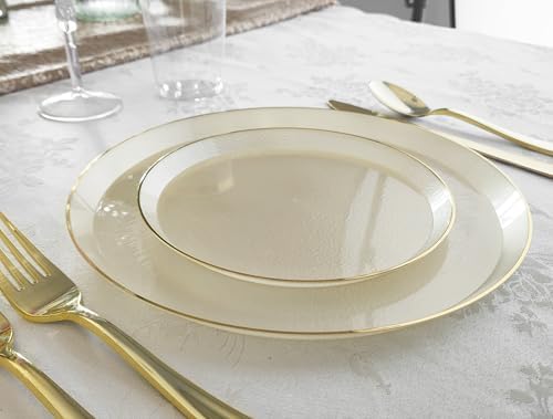 " OCCASIONS " 60 Plates Pack (30 Guests)-Heavyweight Wedding Party Disposable Plastic Plate Set -30 x 10'' Dinner + 30 x 7'' Salad/dessert plates (Reef - Ivory & Gold) - Image 4
